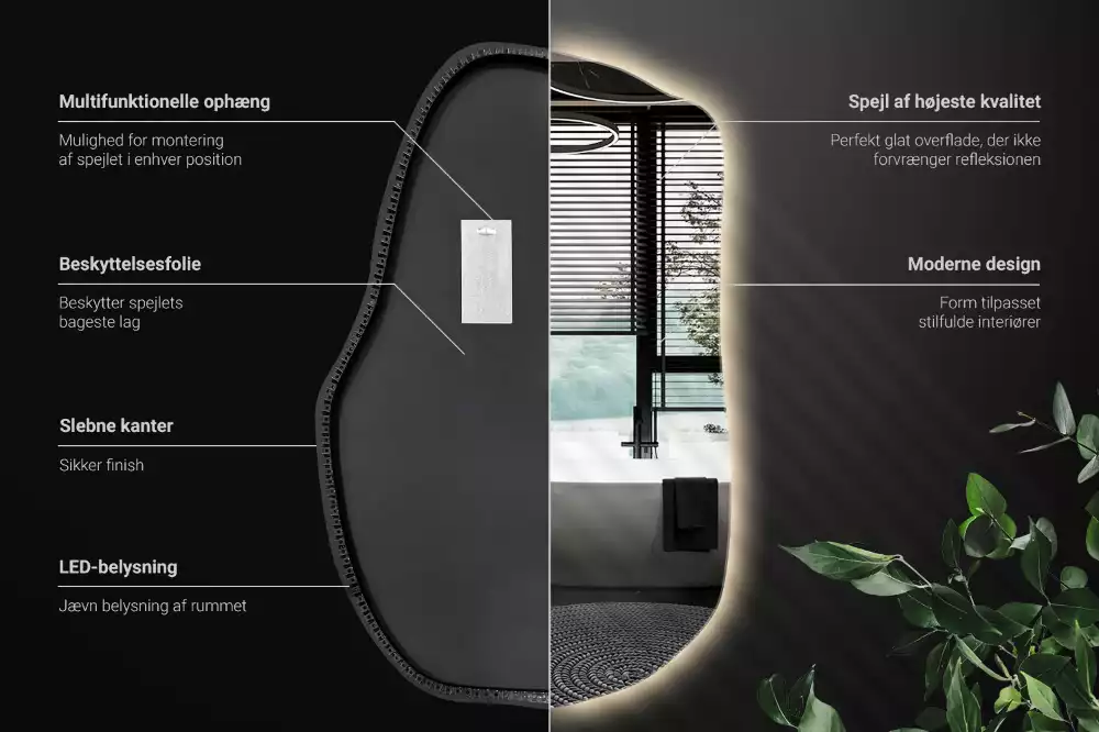 Oglindă cu formă organică și iluminare ambientală perimetrală