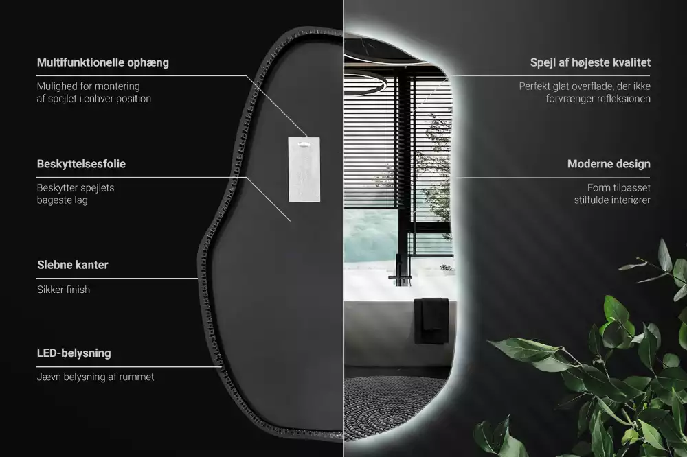Oglindă cu formă organică și iluminare ambientală perimetrală