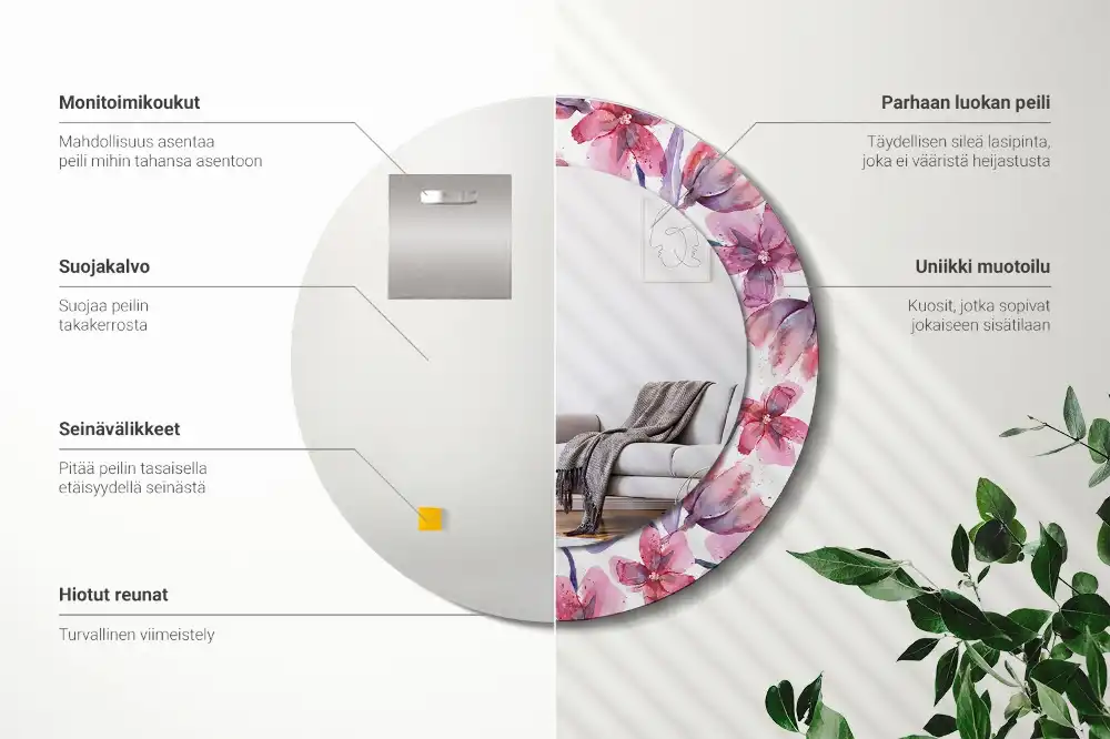 Oglindă rotundă cu imprimeu floral în acuarelă