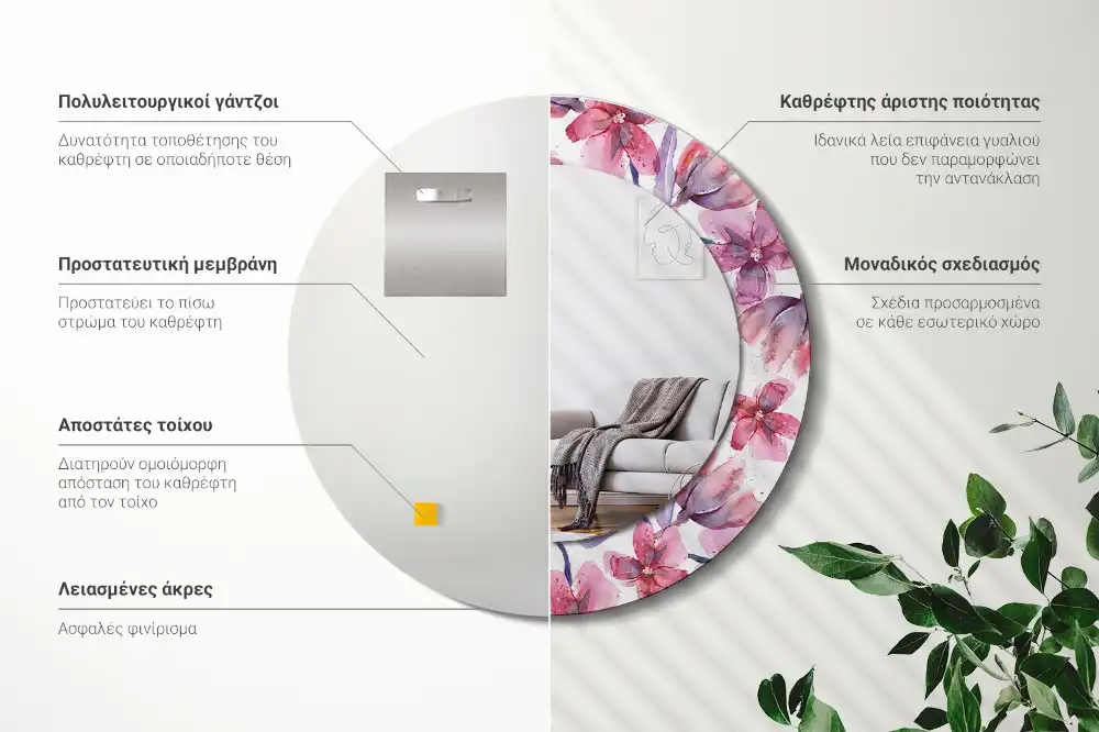 Oglindă rotundă cu imprimeu floral în acuarelă