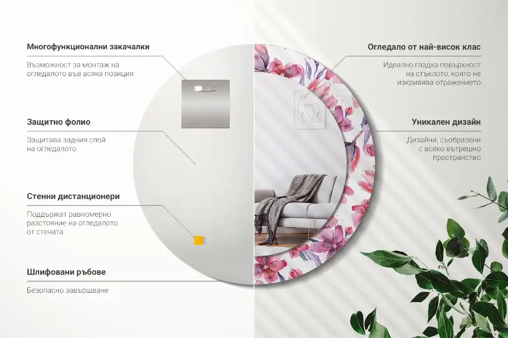 Oglindă rotundă cu imprimeu floral în acuarelă