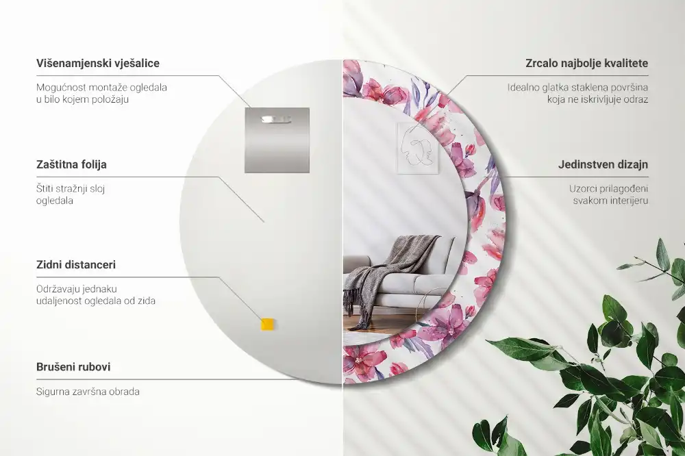 Oglindă rotundă cu imprimeu floral în acuarelă