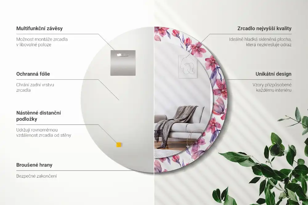 Oglindă rotundă cu imprimeu floral în acuarelă