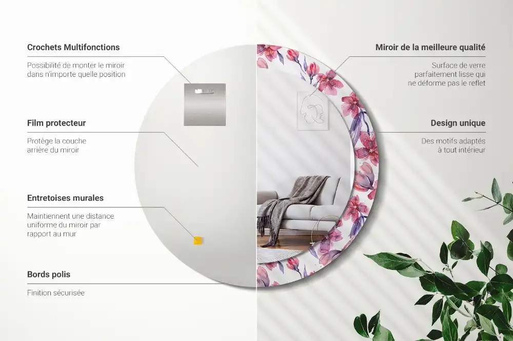 Oglindă rotundă cu imprimeu floral în acuarelă