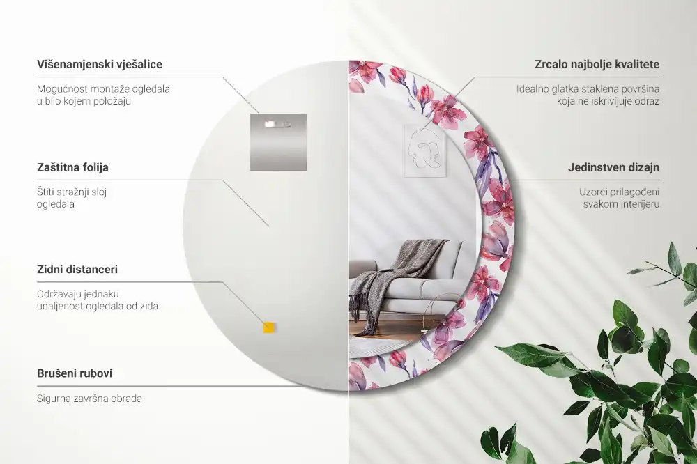 Oglindă rotundă cu imprimeu floral în acuarelă