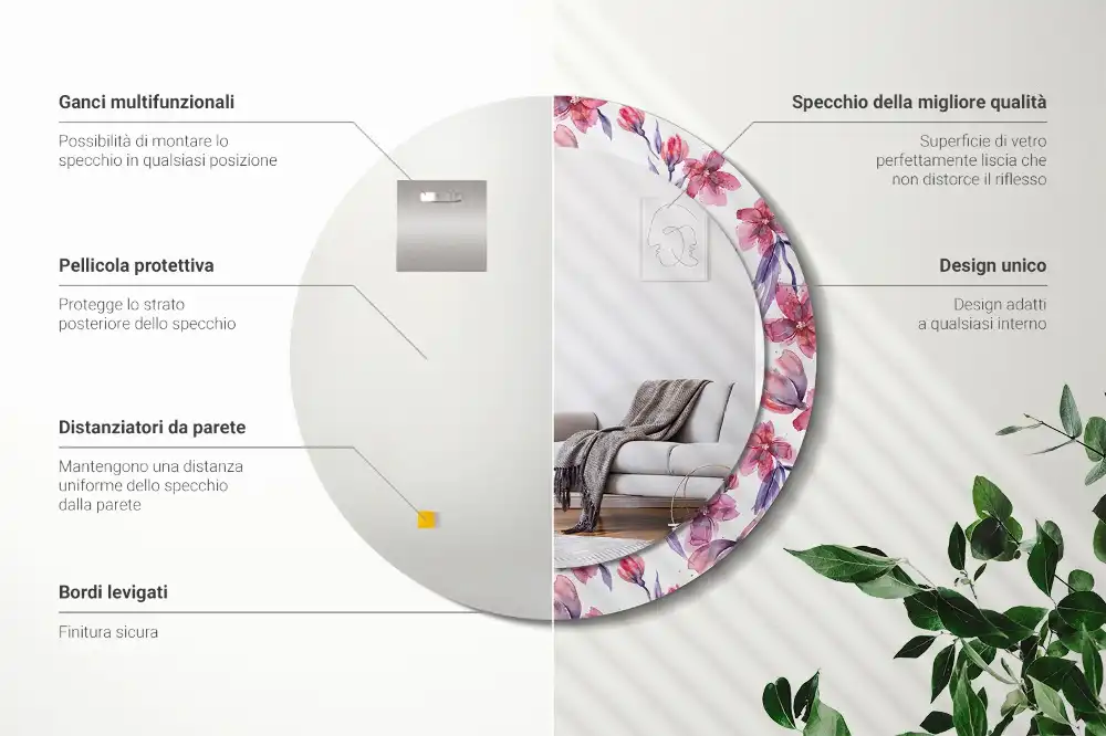 Oglindă rotundă cu imprimeu floral în acuarelă