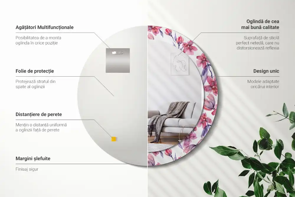 Oglindă rotundă cu imprimeu floral în acuarelă