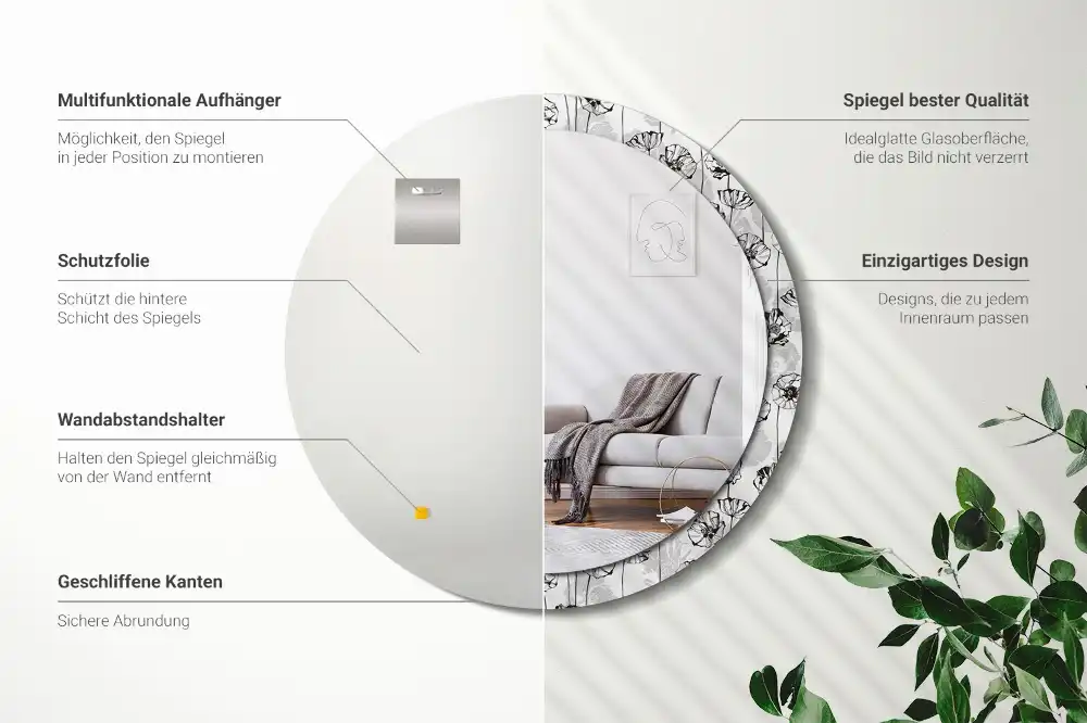Oglindă rotundă decorativă de perete cu flori de mac