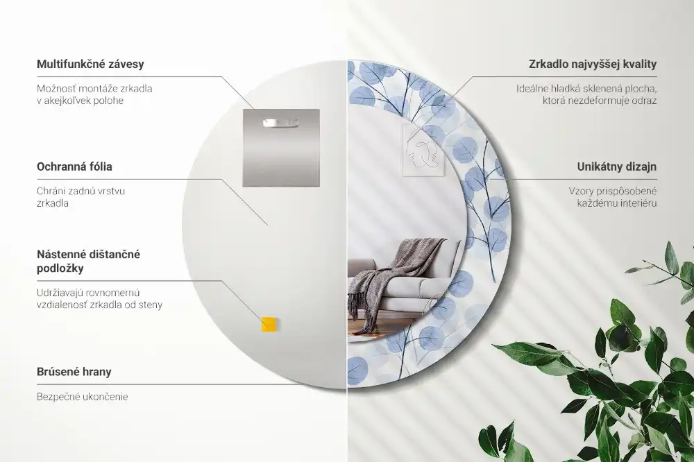 Oglindă rotundă cu imprimeu ramuri și frunze