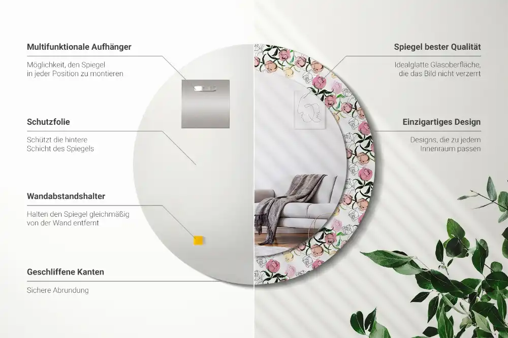 Oglindă rotundă cu ramă imprimată cu muguri de bujor