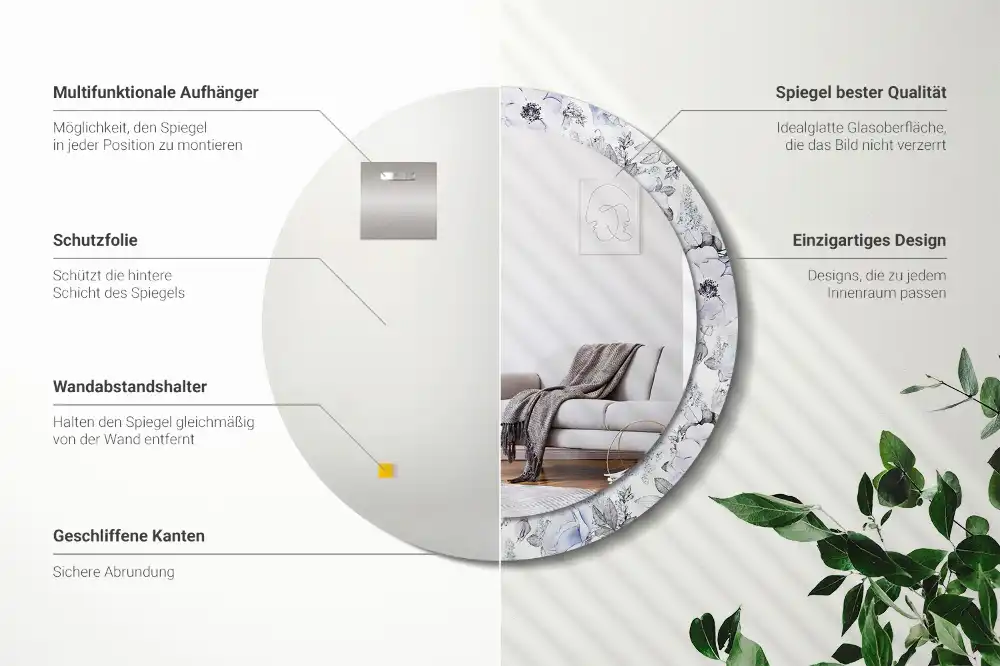 Oglindă rotundă decorativă de perete cu trandafiri albaștri