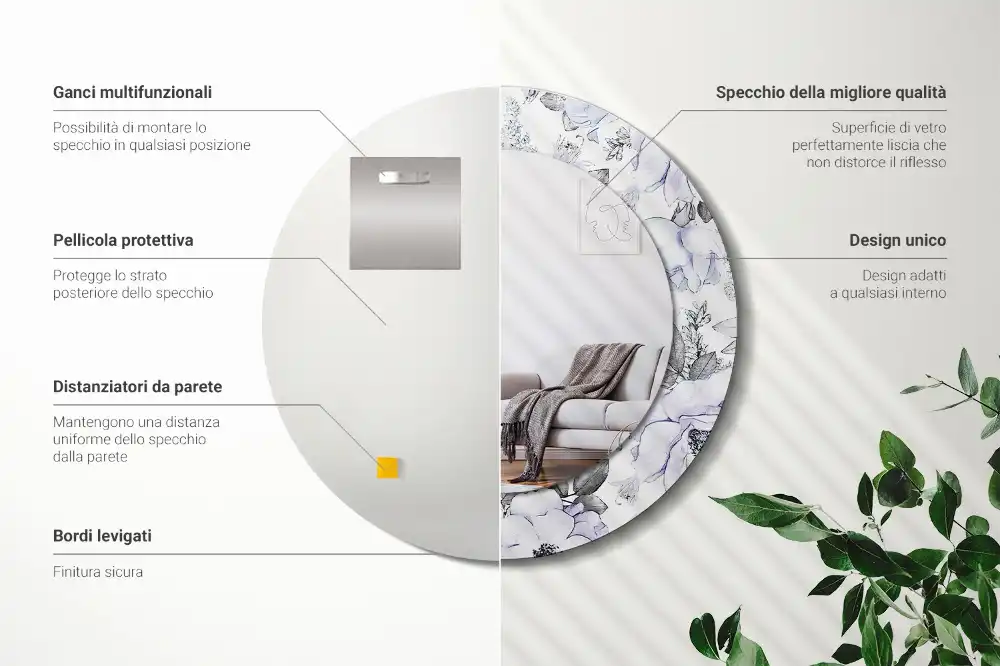 Oglindă rotundă decorativă de perete cu trandafiri albaștri