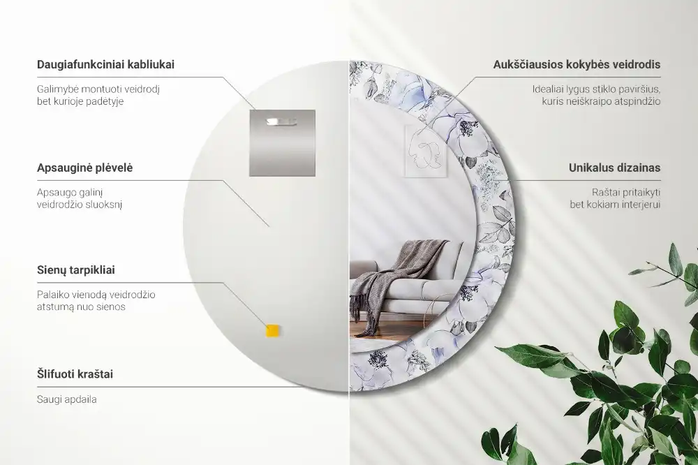 Oglindă rotundă decorativă de perete cu trandafiri albaștri