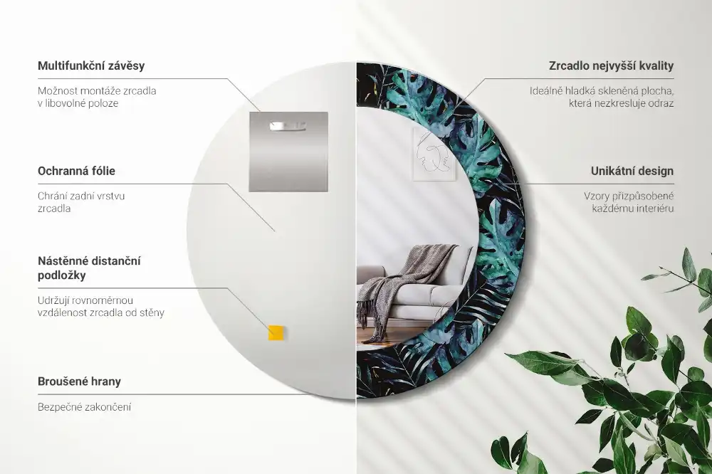 Oglindă rotundă decorativă de perete cu frunze exotice