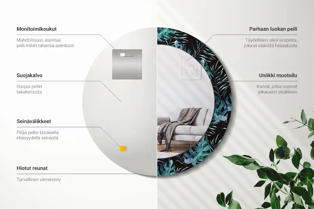 Oglindă rotundă decorativă de perete cu frunze exotice