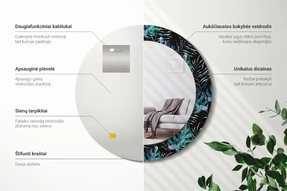 Oglindă rotundă decorativă de perete cu frunze exotice