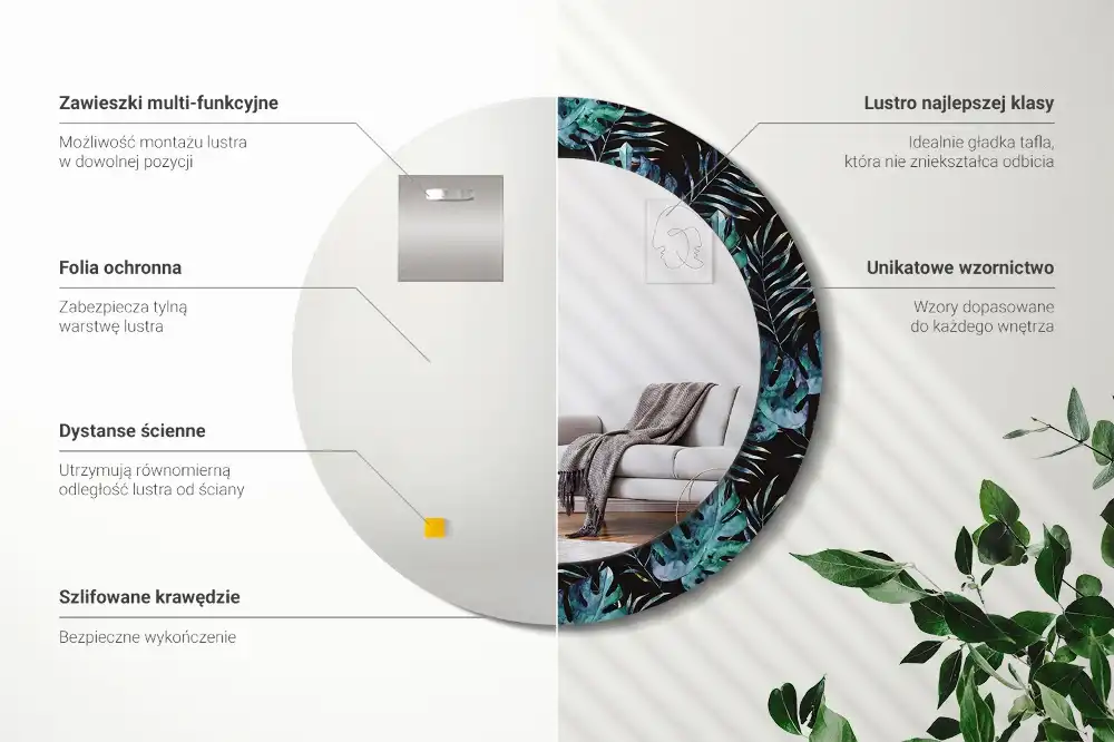 Oglindă rotundă decorativă de perete cu frunze exotice