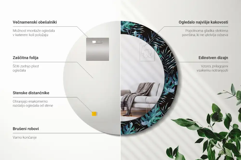Oglindă rotundă decorativă de perete cu frunze exotice