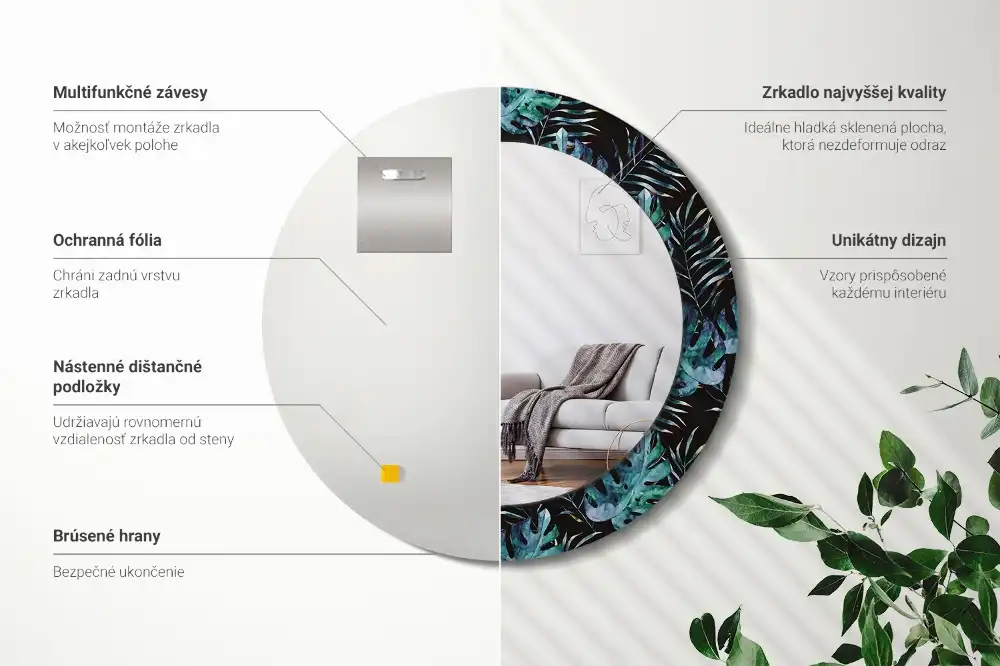 Oglindă rotundă decorativă de perete cu frunze exotice