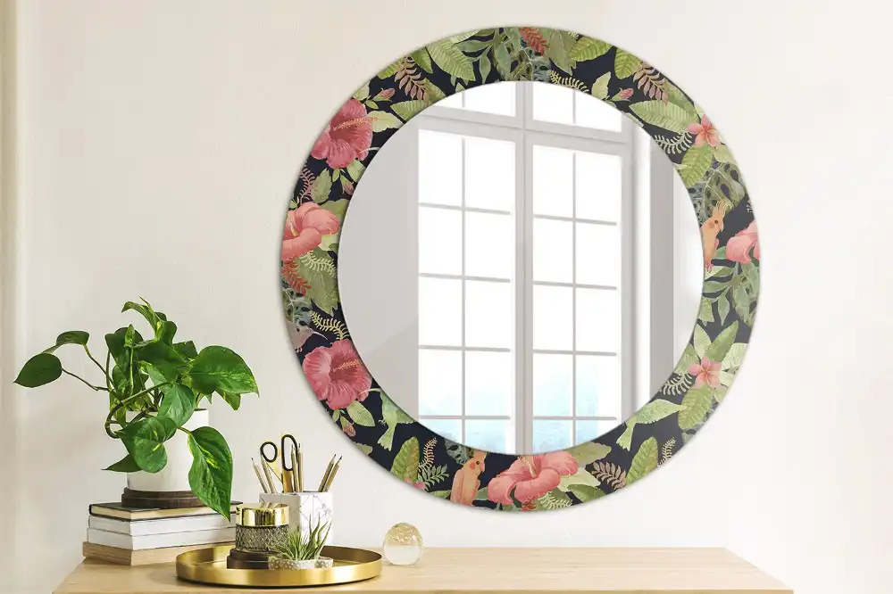 Oglindă rotundă decorativă de perete cu flori de hibiscus