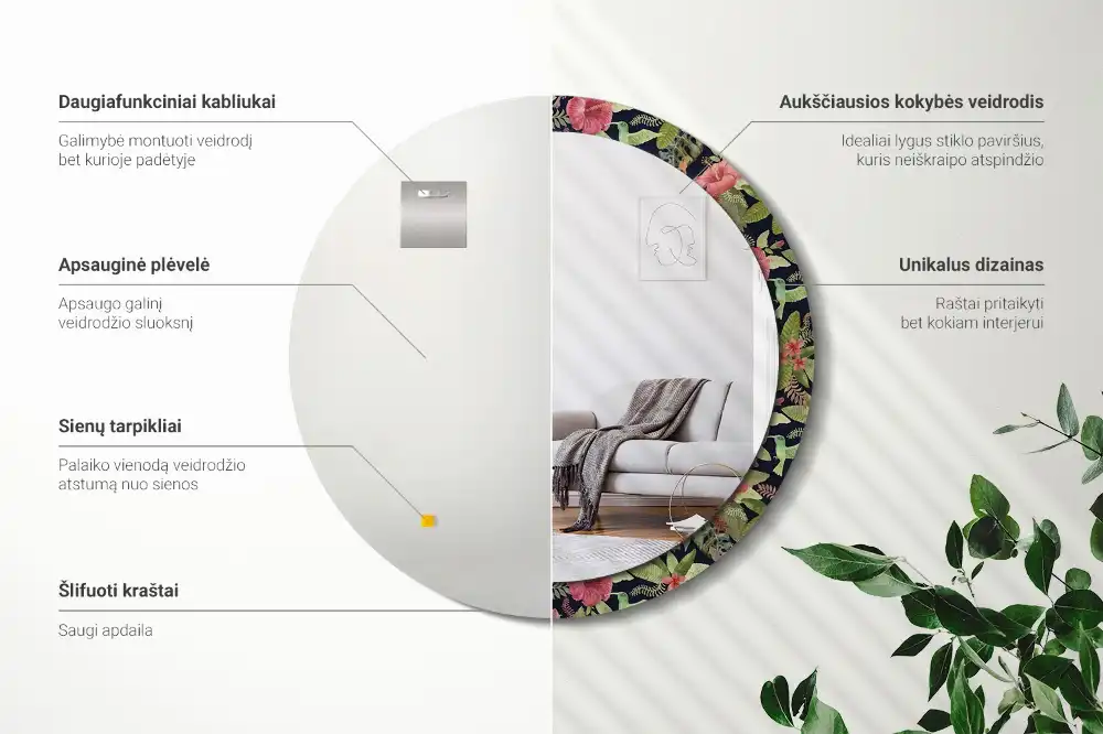 Oglindă rotundă decorativă de perete cu flori de hibiscus