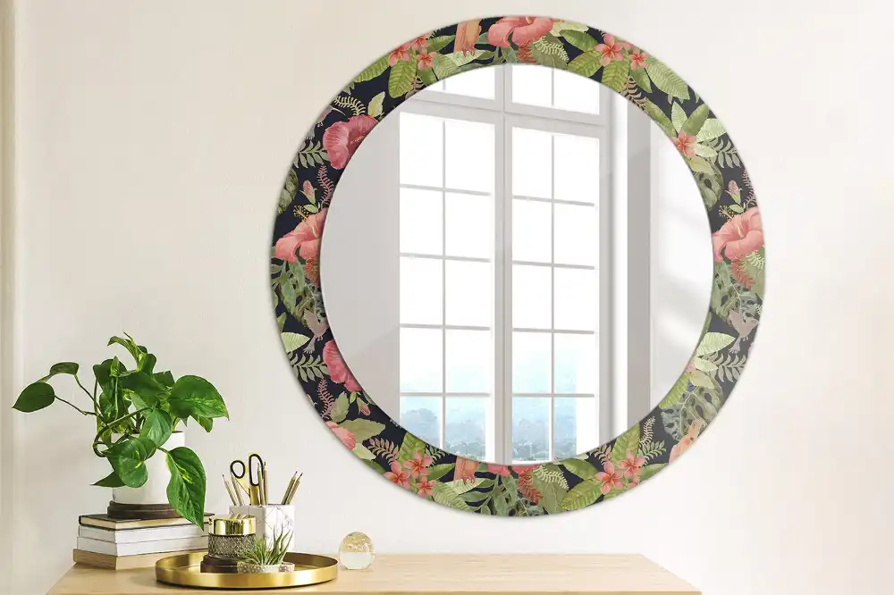 Oglindă rotundă decorativă de perete cu flori de hibiscus
