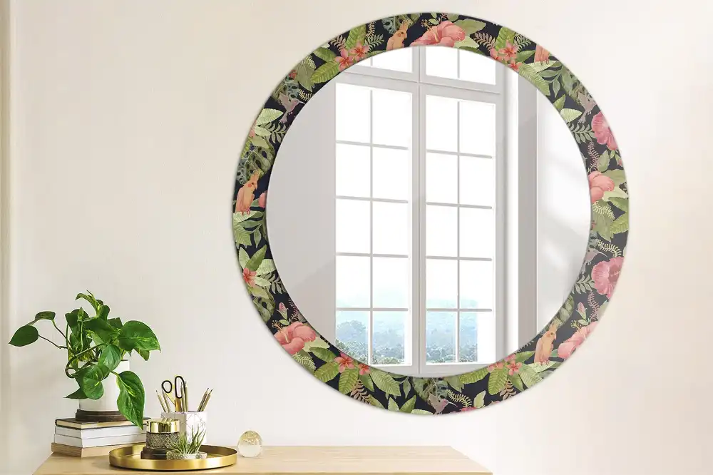 Oglindă rotundă decorativă de perete cu flori de hibiscus