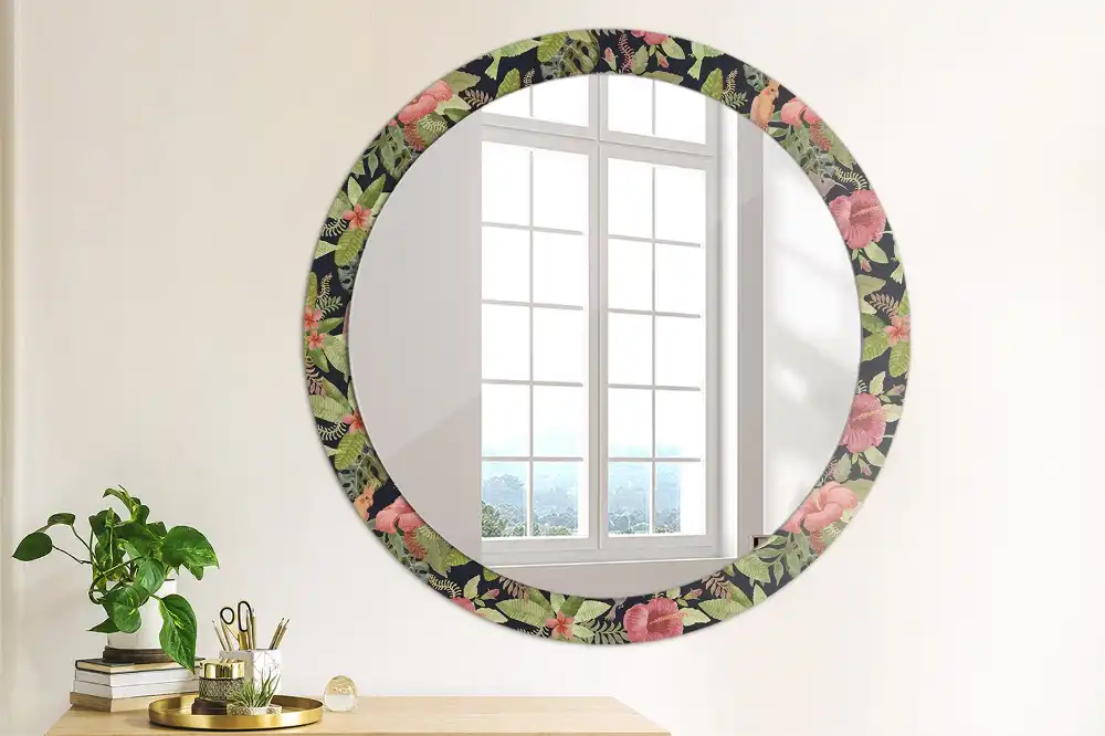 Oglindă rotundă decorativă de perete cu flori de hibiscus