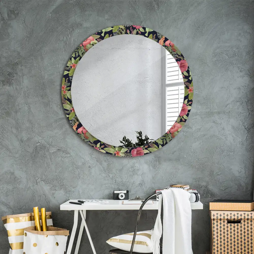 Oglindă rotundă decorativă de perete cu flori de hibiscus