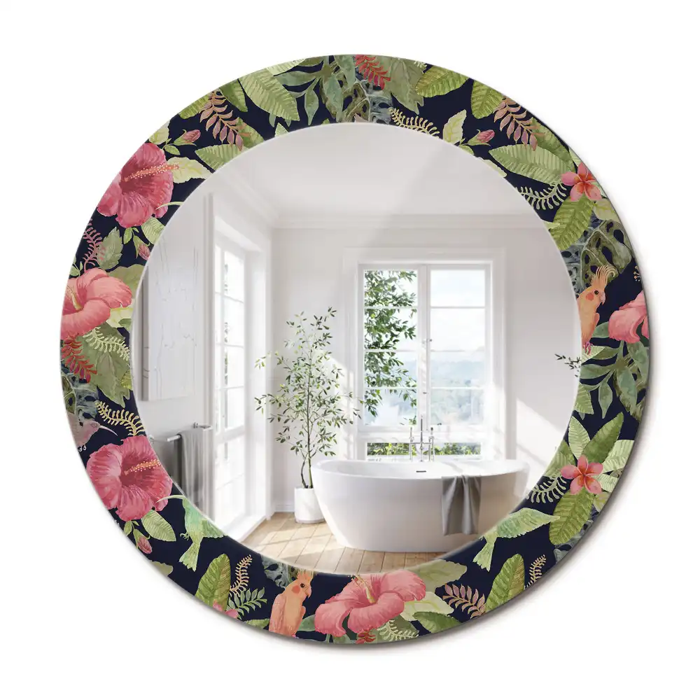 Oglindă rotundă decorativă de perete cu flori de hibiscus