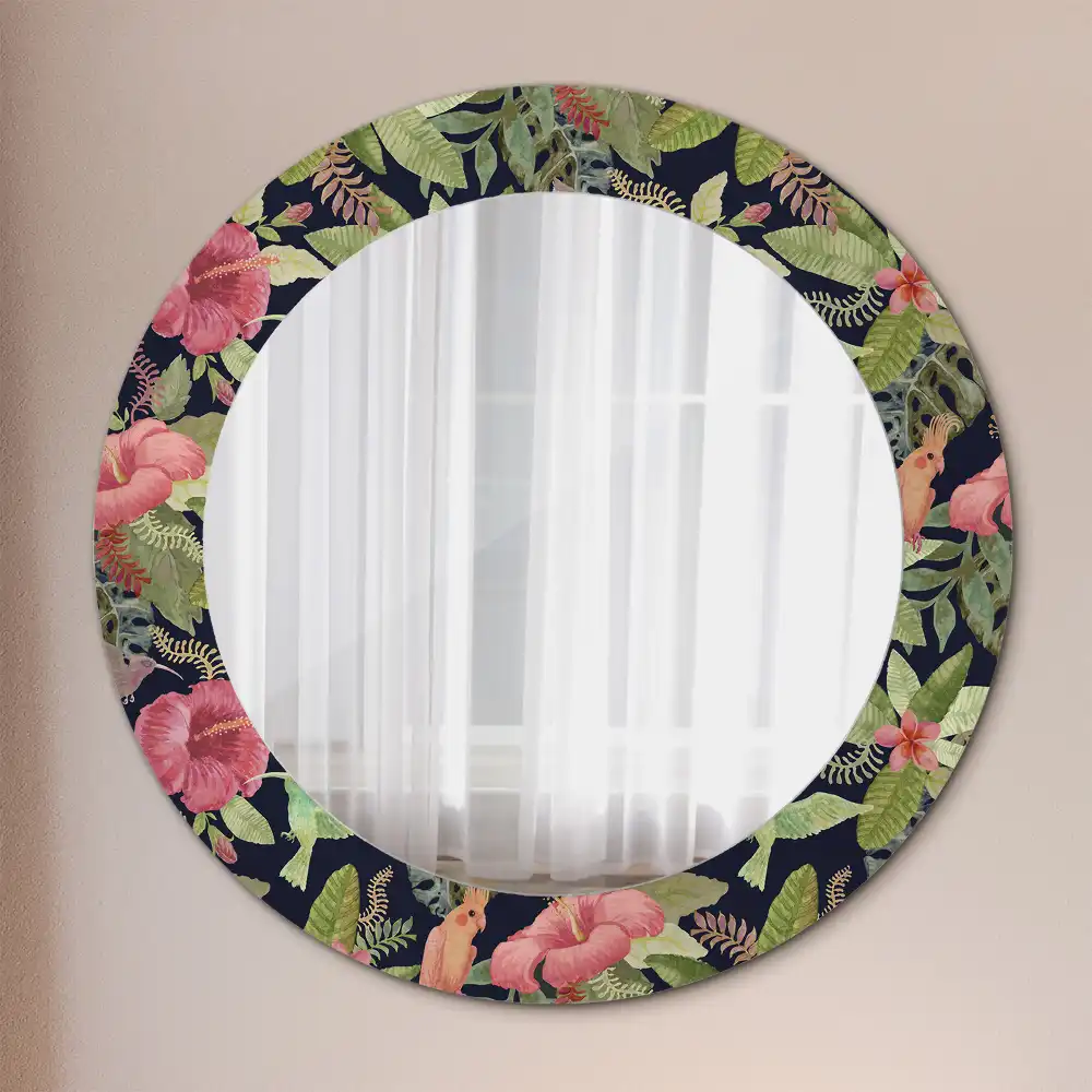 Oglindă rotundă decorativă de perete cu flori de hibiscus