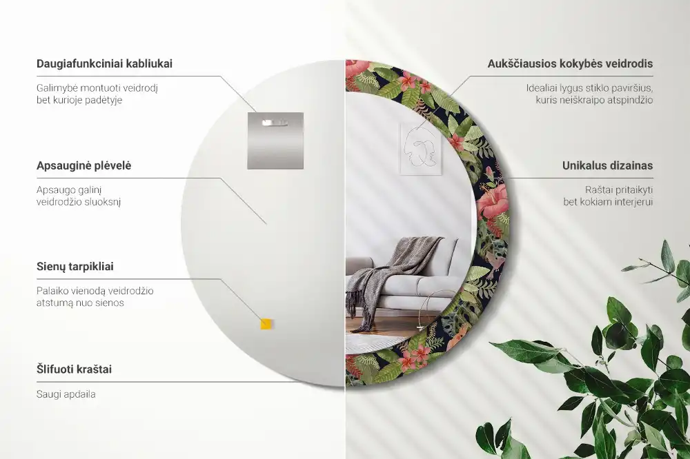 Oglindă rotundă decorativă de perete cu flori de hibiscus