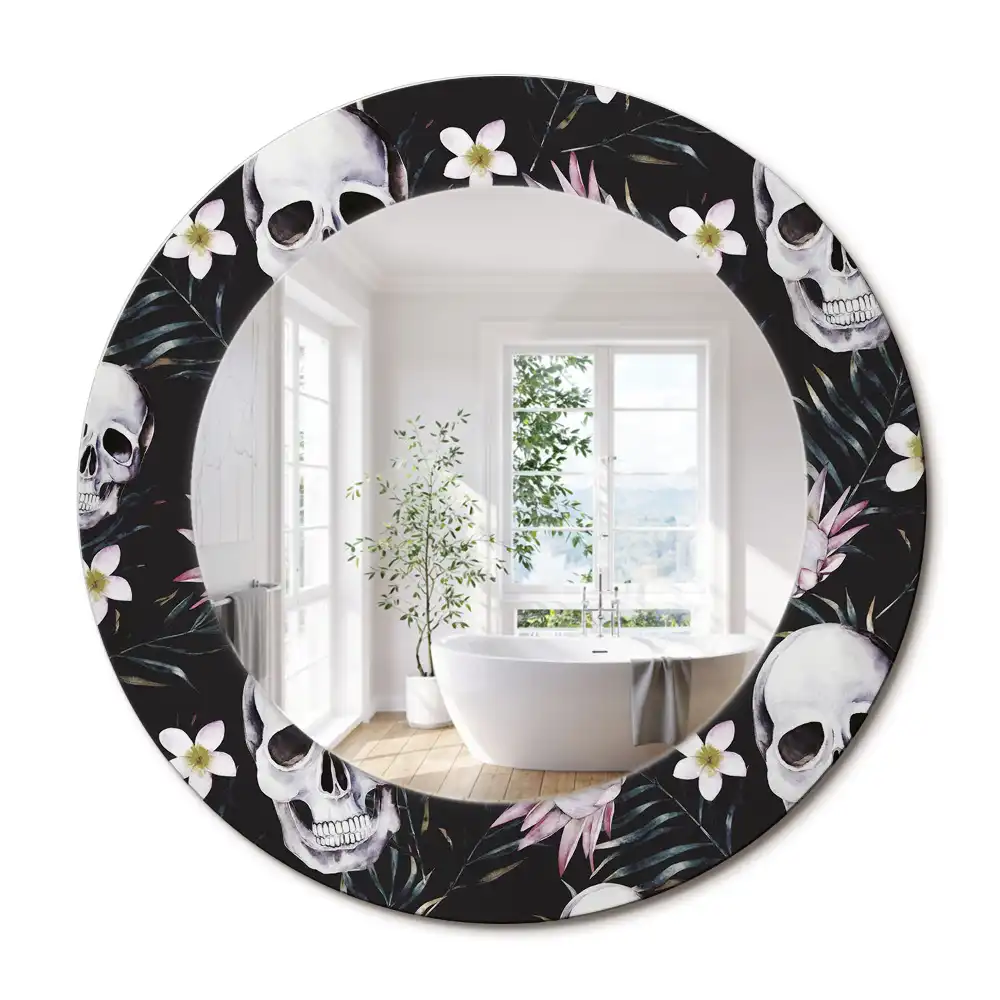 Oglindă rotundă cu imprimeu floral tip craniu