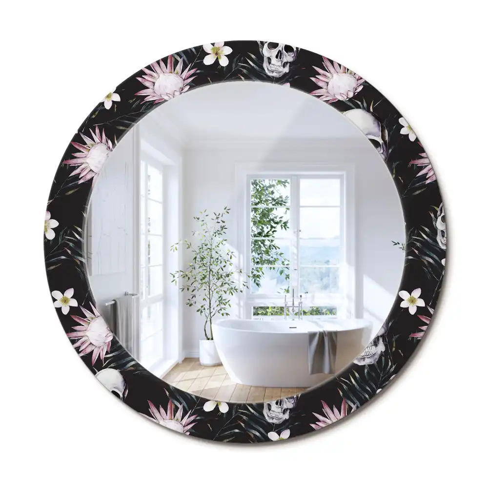 Oglindă rotundă cu imprimeu floral tip craniu
