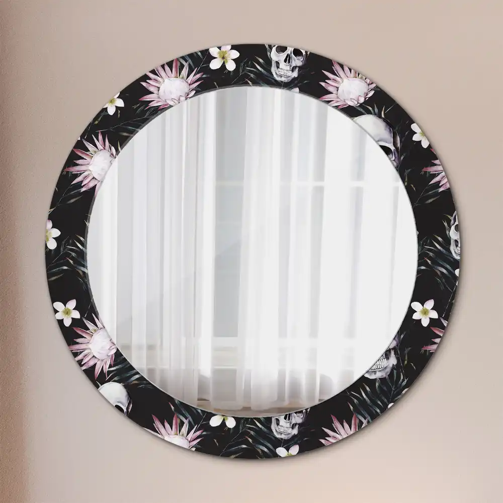 Oglindă rotundă cu imprimeu floral tip craniu