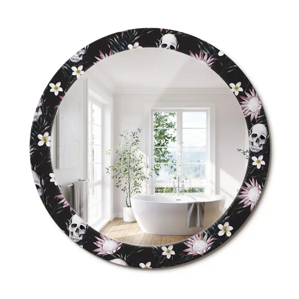 Oglindă rotundă cu imprimeu floral tip craniu