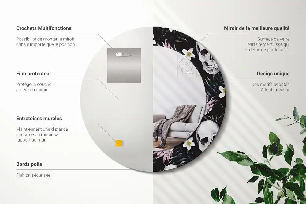 Oglindă rotundă cu imprimeu floral tip craniu