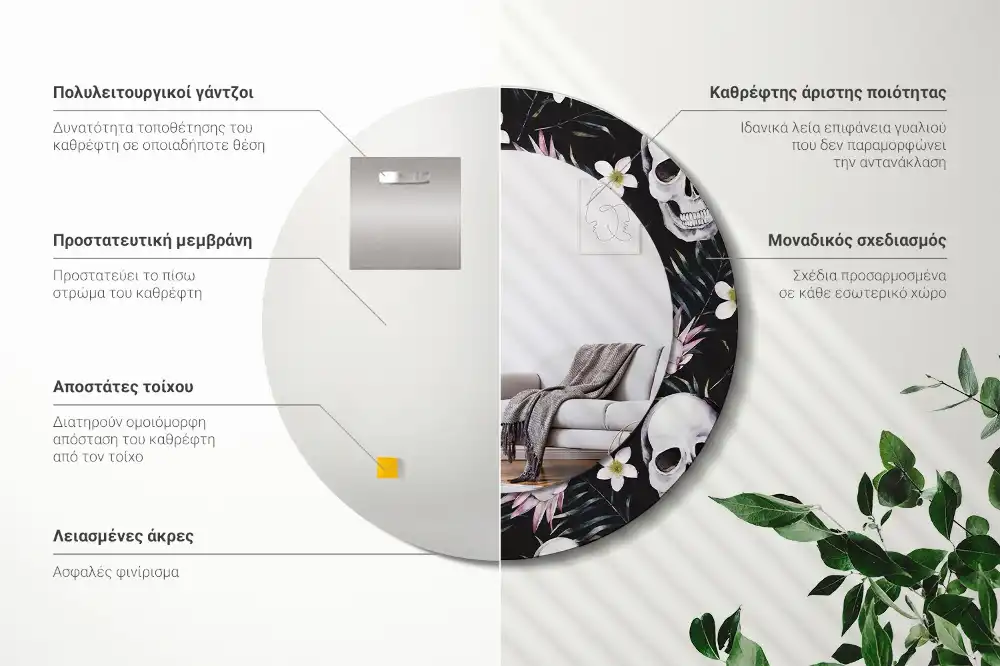 Oglindă rotundă cu imprimeu floral tip craniu