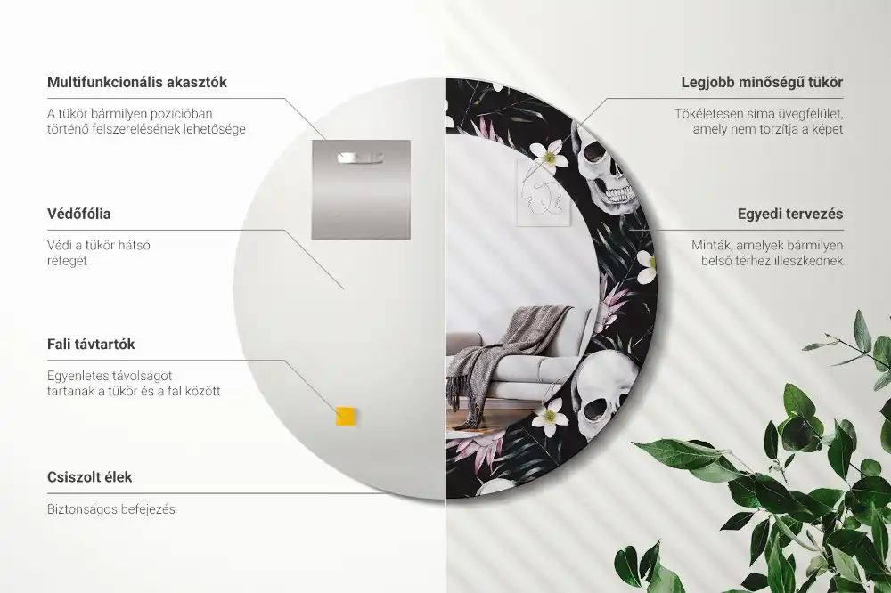 Oglindă rotundă cu imprimeu floral tip craniu