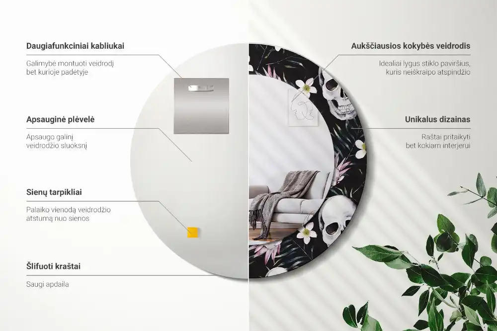 Oglindă rotundă cu imprimeu floral tip craniu