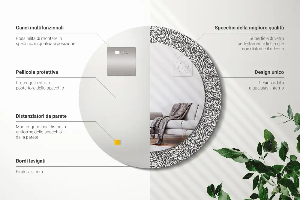 Oglindă rotundă cu ramă imprimată cu model floral