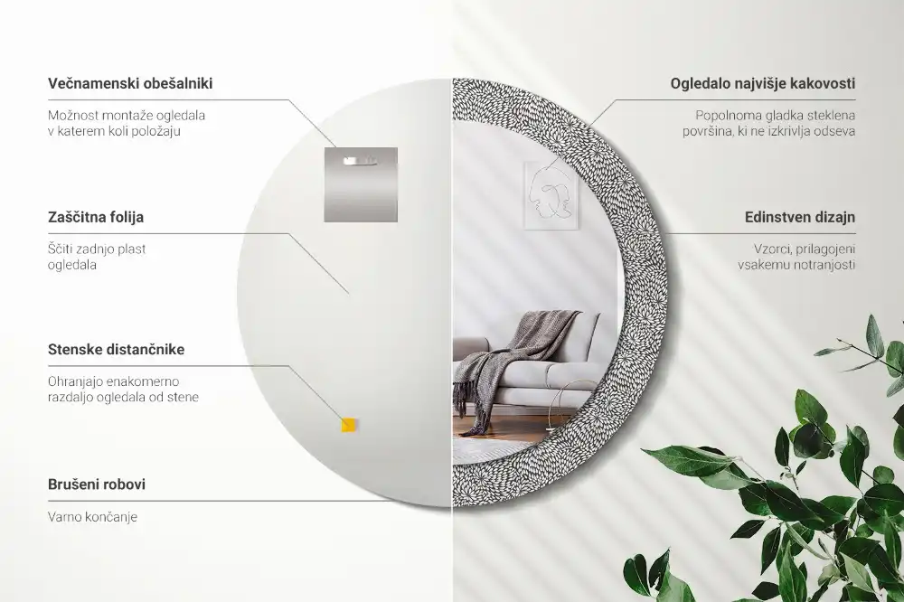 Oglindă rotundă cu ramă imprimată cu model floral