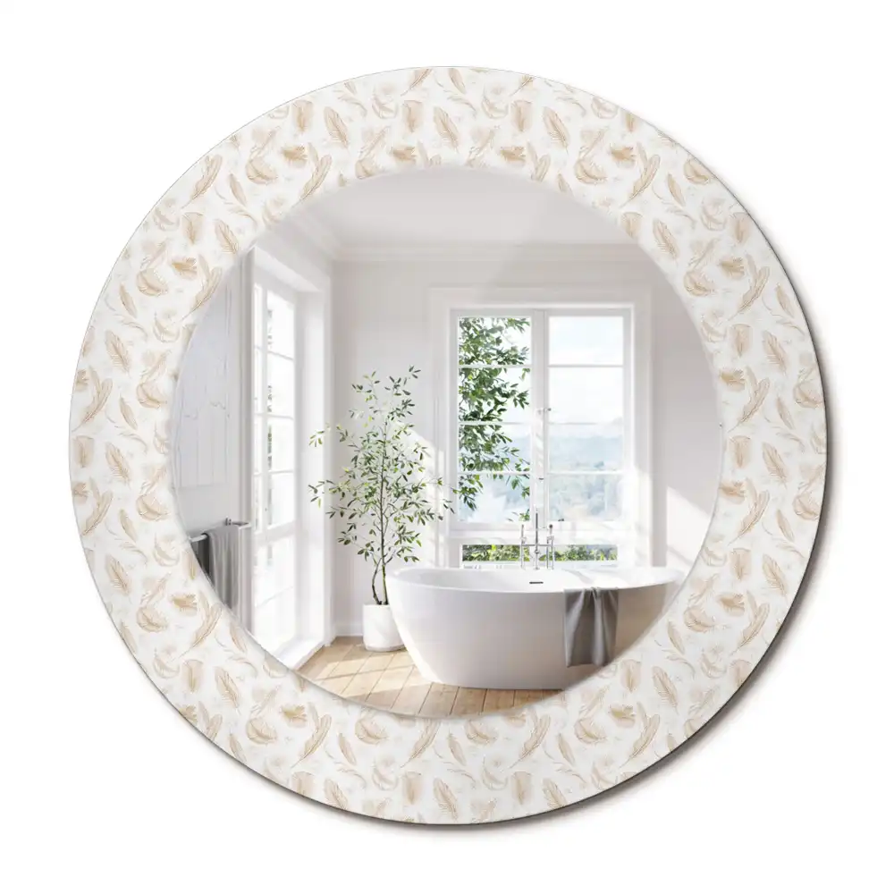 Oglindă rotundă decorativă de perete cu model de pene de pasăre