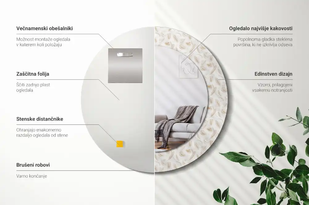 Oglindă rotundă decorativă de perete cu model de pene de pasăre
