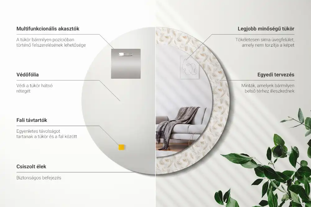Oglindă rotundă decorativă de perete cu model de pene de pasăre
