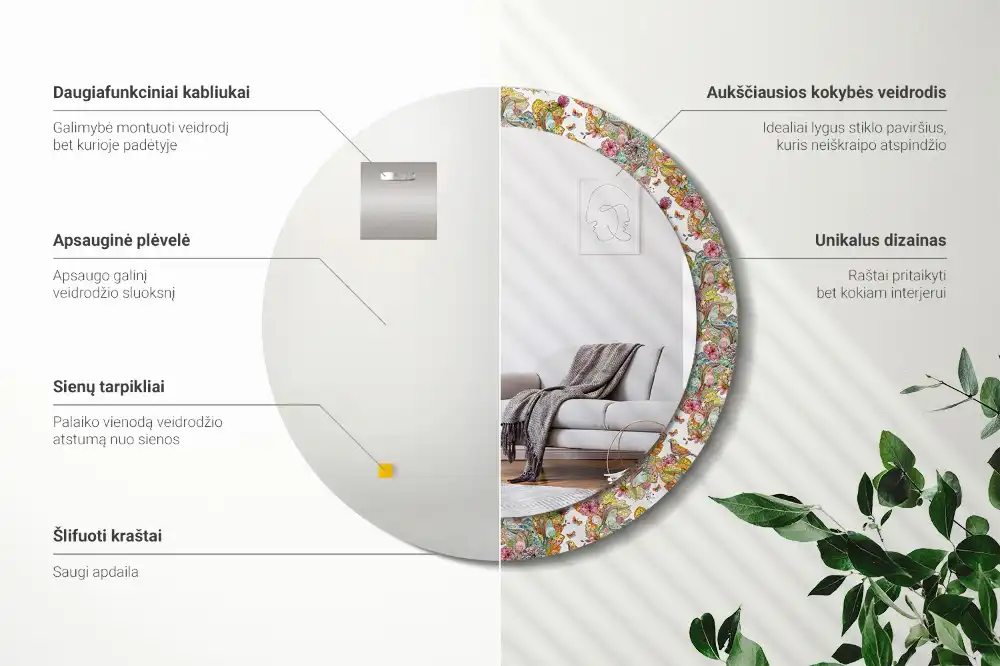 Oglindă decorativă rotundă cu modele florale de basm