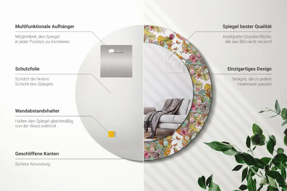 Oglindă decorativă rotundă cu modele florale de basm