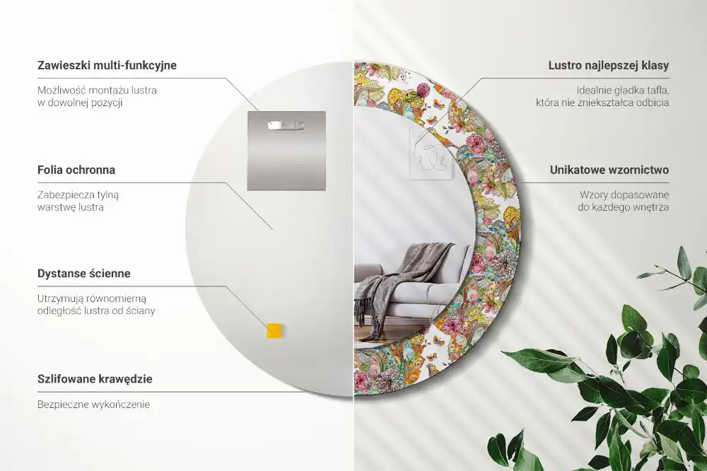 Oglindă decorativă rotundă cu modele florale de basm