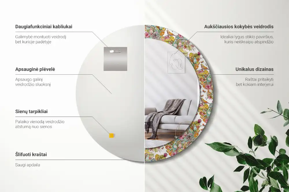 Oglindă decorativă rotundă cu modele florale de basm