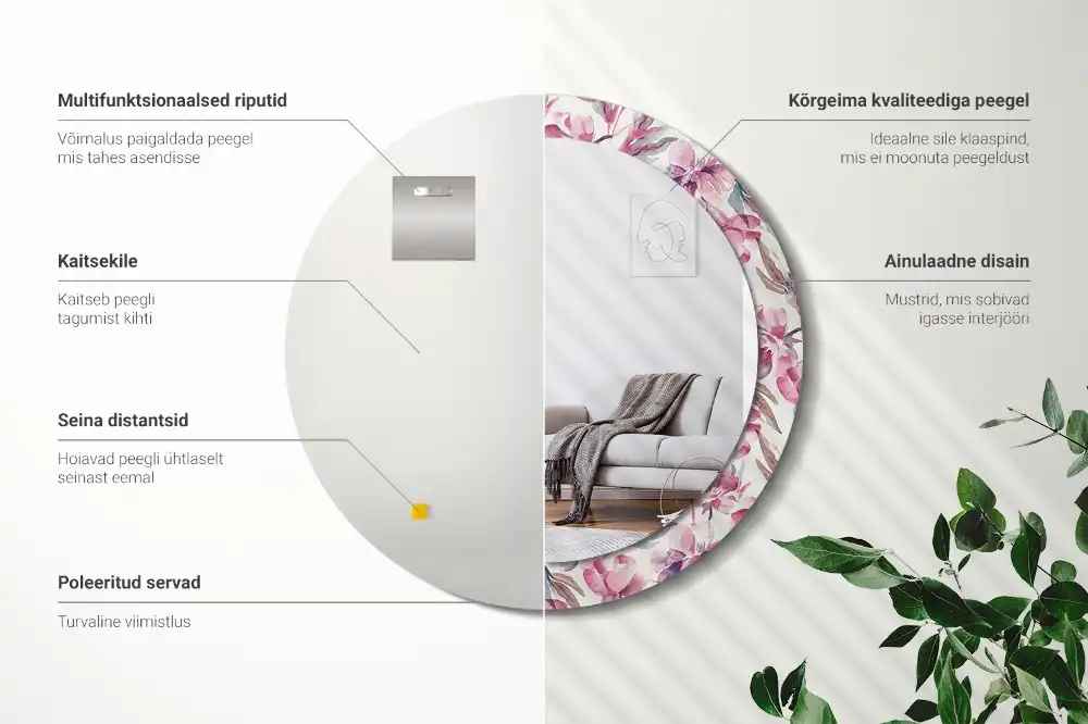 Oglindă rotundă cu imprimeu floral cu bujori